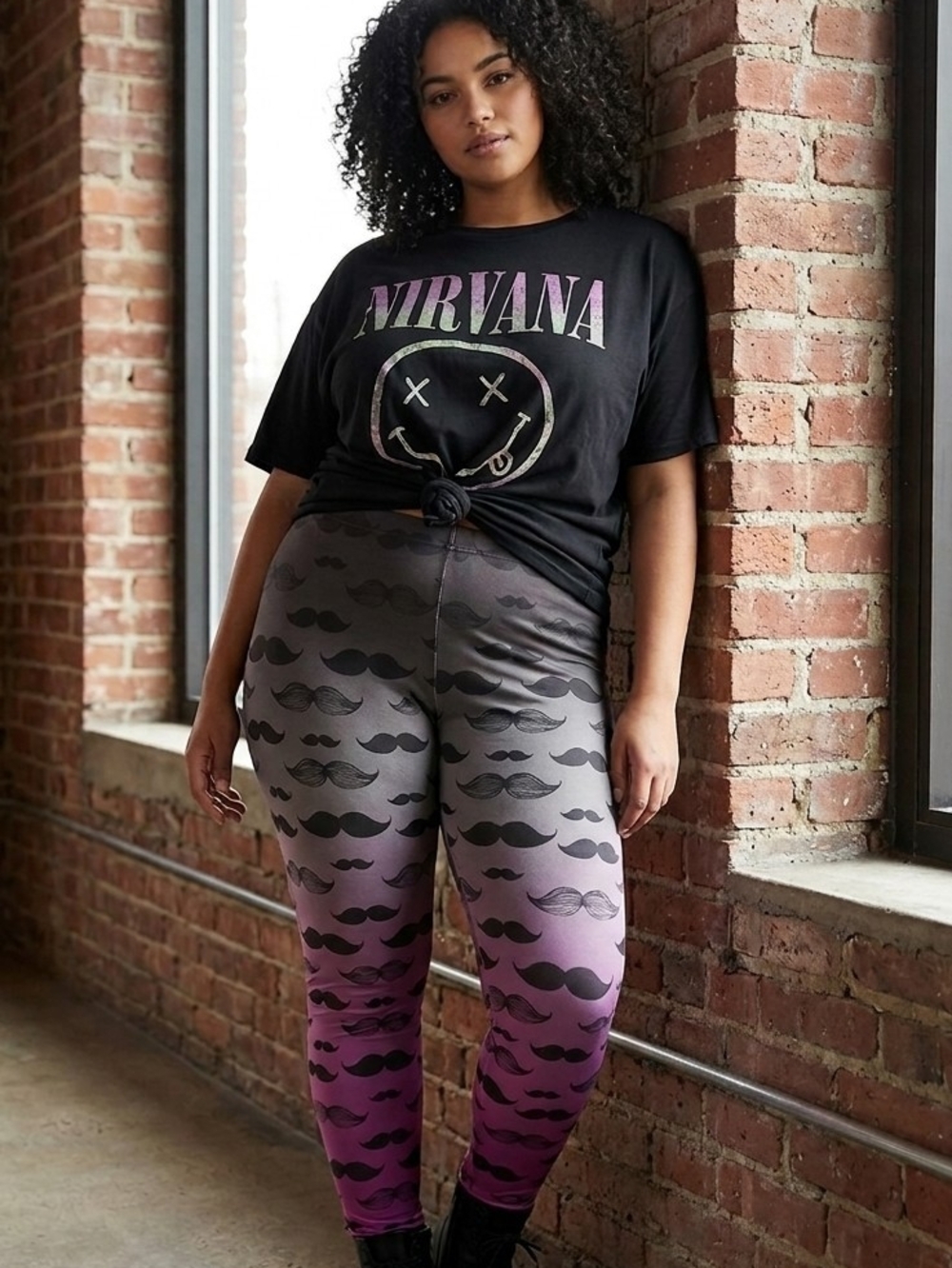 Hot Topic Ombre Mustache Leggings XXL Grey Purple Graphic Print Posh Punk